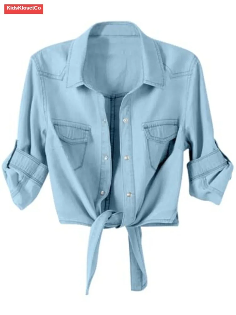 Girls Denim Western Cowgirl Blouse Tie Front 3/4 Sleeve Button Down